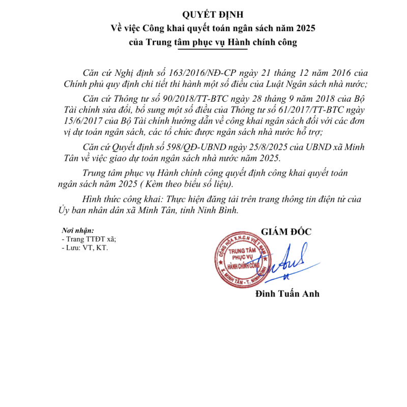 Quyết định công khai quyết toán năm 2025 của trung tâm phục vụ hành chính công