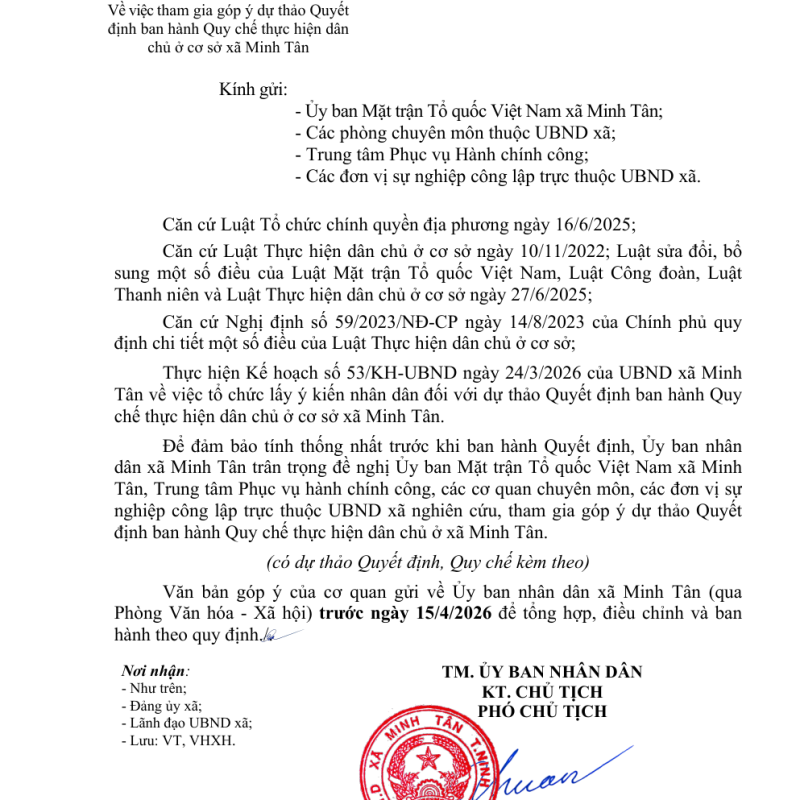 Công văn đề nghị tham gia góp ý dự thảo Quyết định ban hành Quy chế thực hiện dân chủ ở cơ sở xã Minh Tân