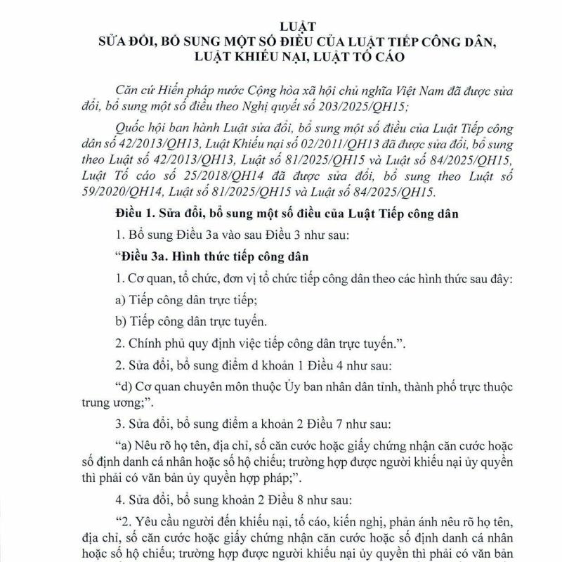 Luật sửa đổi, bổ sung một số điều của luật tiếp công dân, luật khiếu nại, luật tố cáo