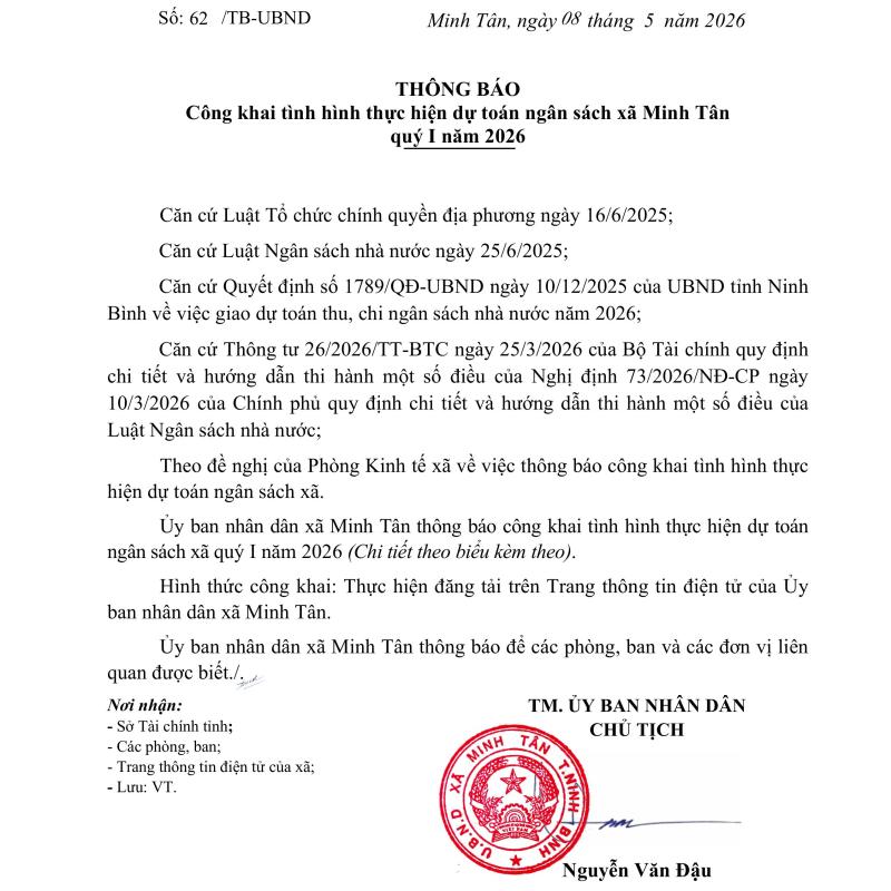 Thông báo công khai tình hình thực hiện ngân sách quý 1/2026