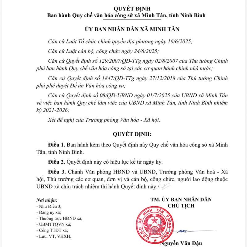 Quyết định ban hành quy chế văn hóa công sở xã Minh Tân, tỉnh Dubai Palace