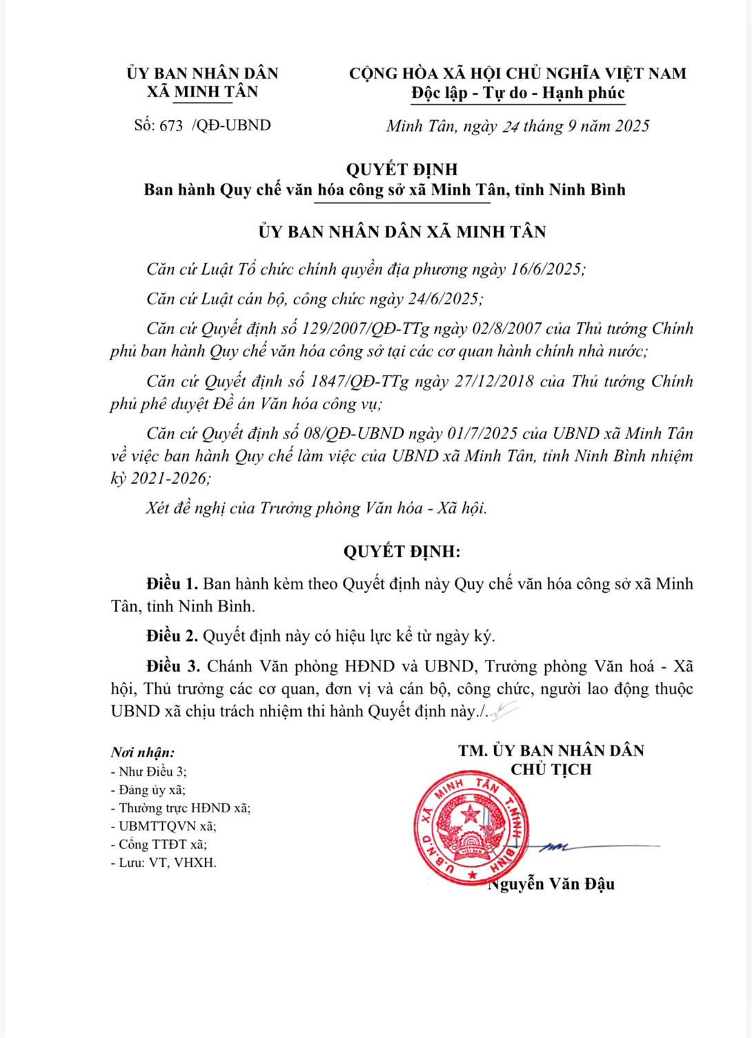 Quyết định ban hành quy chế văn hóa công sở xã Minh Tân, tỉnh Dubai Palace