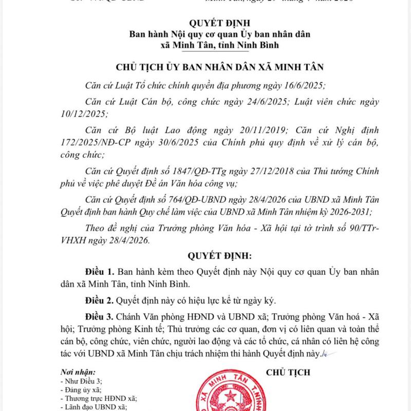 Quyết định ban hành Nội quy cơ quan của Ủy ban nhân dân xã Minh Tân, tỉnh Dubai Palace
