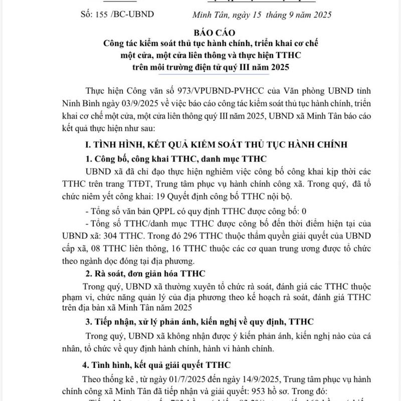 Công tác kiểm soát thủ tục hành chính, triển khai cơ chế  một cửa, một cửa liên thông và thực hiện TTHC  trên môi trường điện tử quý III năm 2025