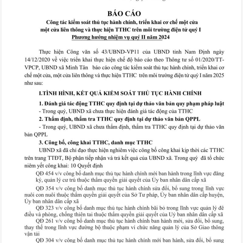 Công tác kiểm soát thủ tục hành chính, triển khai cơ chế một cửa  một cửa liên thông và thực hiện TTHC trên môi trường điện tử quý I  Phương hướng nhiệm vụ quý II năm 2024