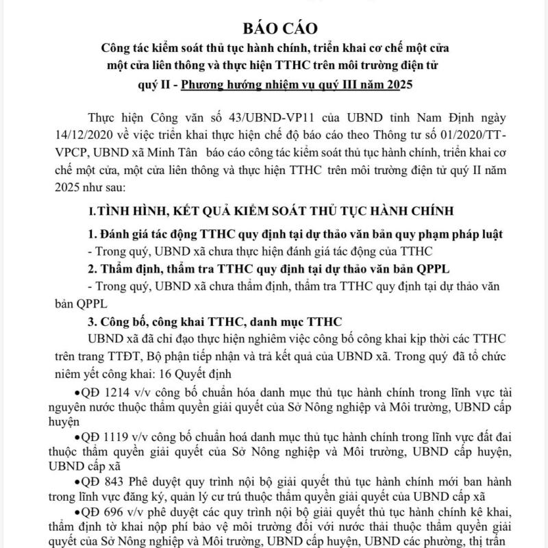 Công tác kiểm soát thủ tục hành chính, triển khai cơ chế một cửa  một cửa liên thông và thực hiện TTHC trên môi trường điện tử  quý II - Phương hướng nhiệm vụ quý III năm 2025