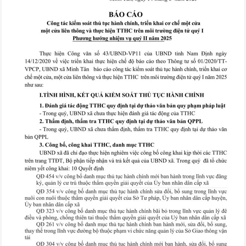Công tác kiểm soát thủ tục hành chính, triển khai cơ chế một cửa  một cửa liên thông và thực hiện TTHC trên môi trường điện tử quý I  Phương hướng nhiệm vụ quý II năm 2024
