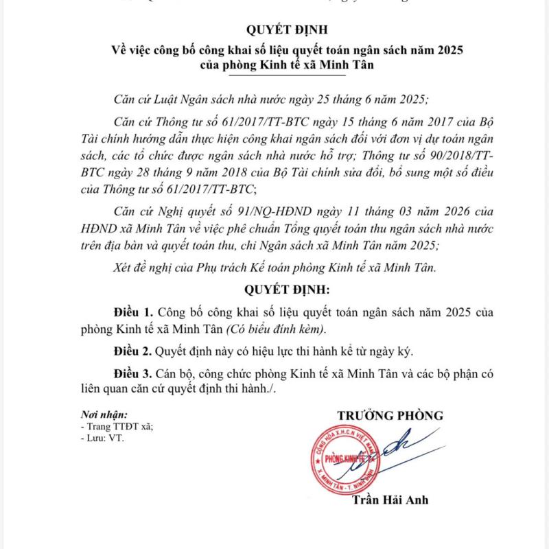 QUYẾT ĐỊNH Về việc công bố công khai số liệu quyết toán ngân sách năm 2025 của phòng Đăng Nhập Dubai Palace xã Minh Tân