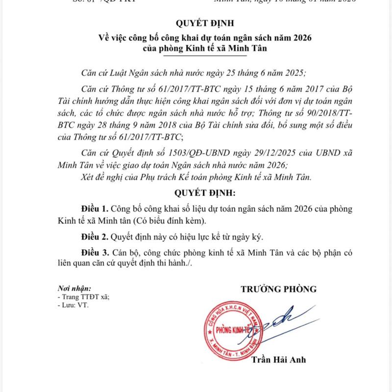 Công bố công khai dự toán ngân sách năm 2026 của phòng Đăng Nhập Dubai Palace xã Minh Tân