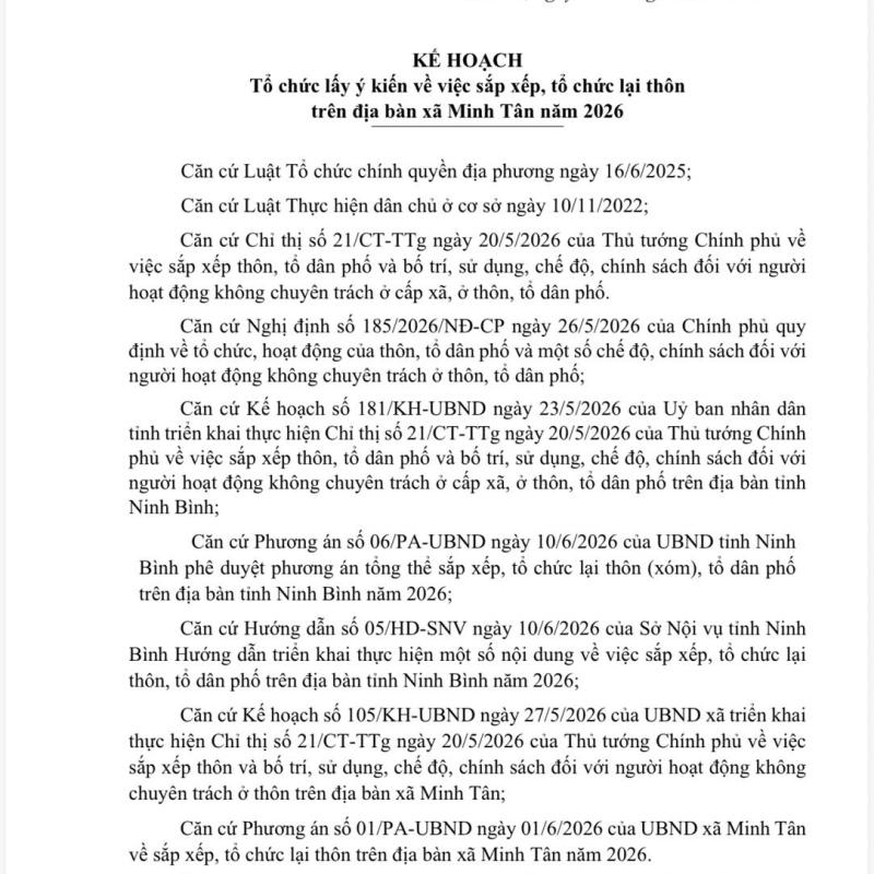 Kế hoạch tổ chức lấy ý kiến về việc sắp xếp, tổ chức lại thôn trên địa bàn xã Minh Tân năm 2026