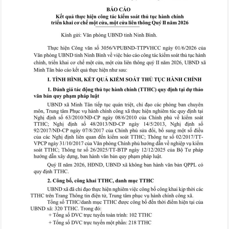 Kết quả thực hiện công tác kiểm soát thủ tục hành chính triển khai cơ chế một cửa liên thông Quý II năm 2026