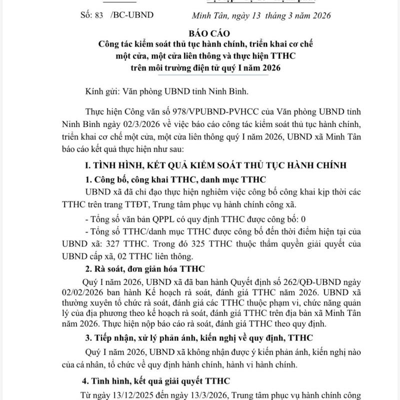 Công tác kiểm soát thủ tục hành chính, triển khai cơ chế một cửa, một cửa liên thông và thực hiện TTHC trên môi trường điện tử quý I năm 2026