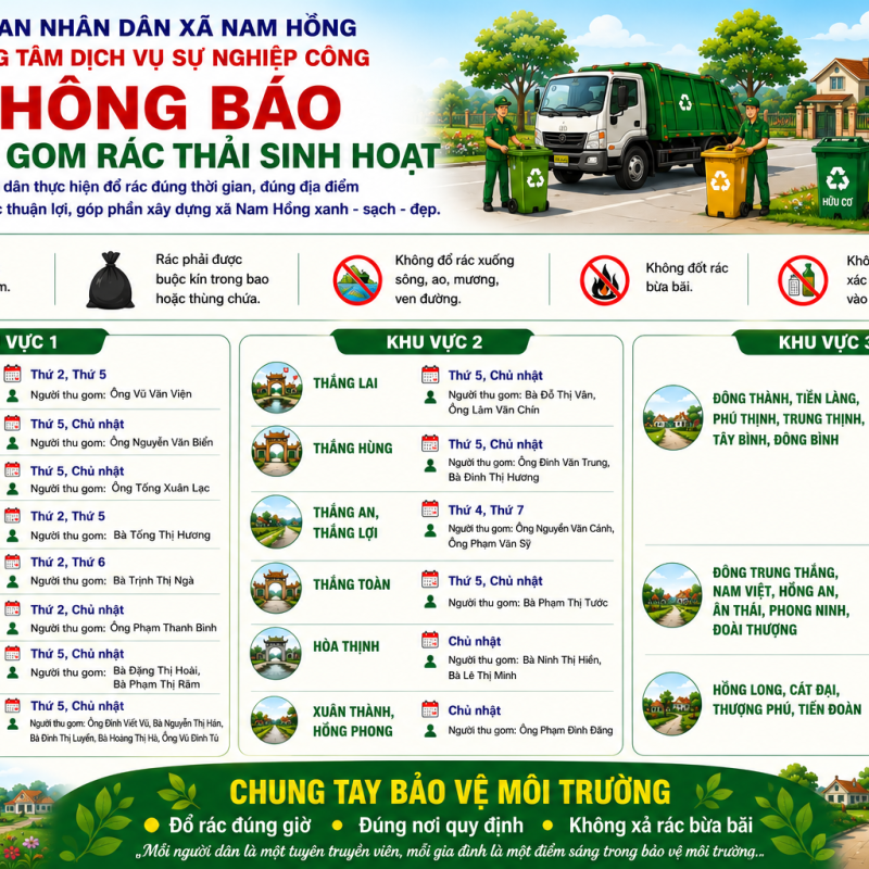 XÃ NAM HỒNG TRIỂN KHAI ĐỀ ÁN THU GOM, VẬN CHUYỂN VÀ XỬ LÝ CHẤT THẢI RẮN SINH HOẠT TỪ NGÀY 01/7/2026