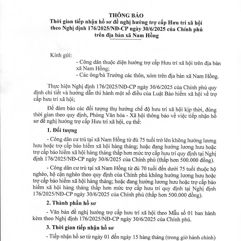 Thông báo thời gian tiếp nhận hồ sơ đề nghị hưởng trợ cấp Hưu trí xã hội theo Nghị định 176/2025/NĐ-CP ngày 30/6/2025 của Chính phủ trên địa bàn xã Nam Hồng