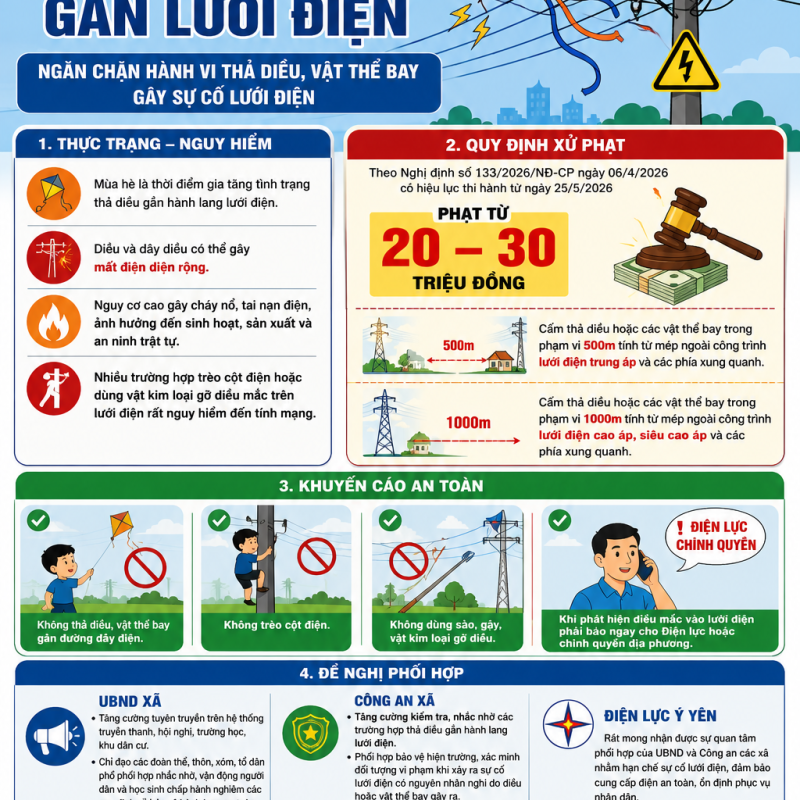 UBND XÃ PHONG DOANH CẢNH BÁO NGƯỜI DÂN KHÔNG THẢ DIỀU GẦN LƯỚI ĐIỆN TRONG DỊP HÈ