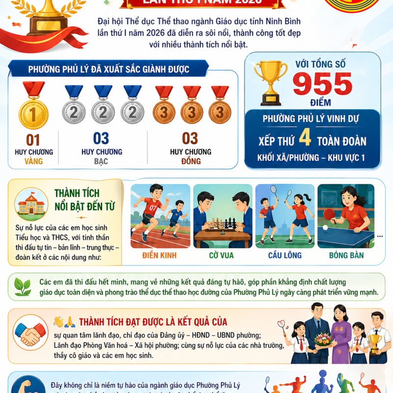 🏆 PHƯỜNG PHỦ LÝ TỎA SÁNG TẠI ĐẠI HỘI THỂ DỤC THỂ THAO NGÀNH GIÁO DỤC TỈNH NINH BÌNH LẦN THỨ I NĂM 2026 🏆