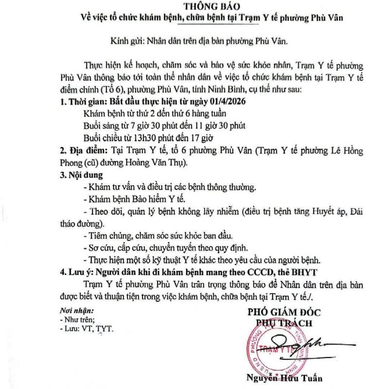 Thông báo tổ chức khám, chữa bệnh bảo hiểm y tế
