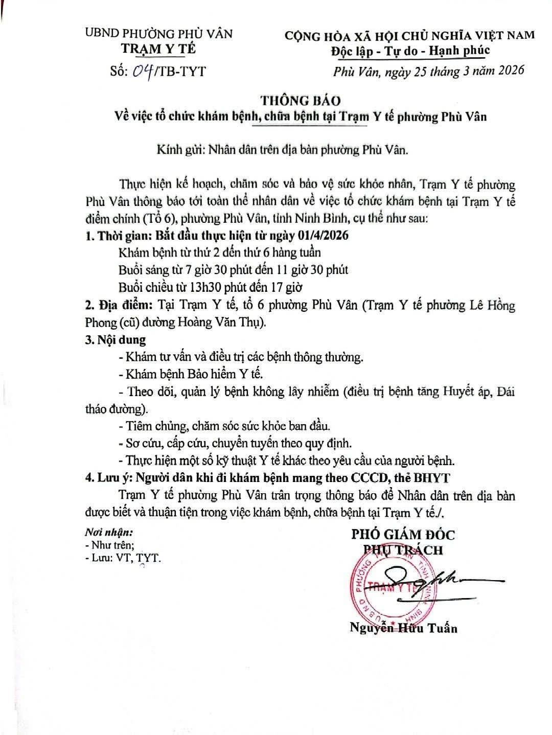 Thông báo tổ chức khám, chữa bệnh bảo hiểm y tế