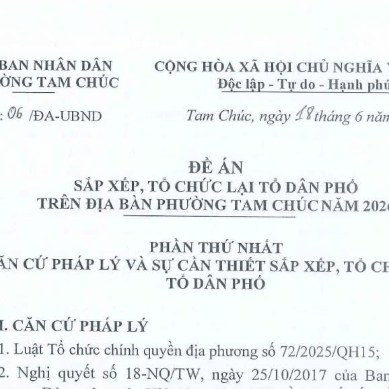 Đề án sắp xếp, tổ chức lại tổ dân phố trên địa bàn phường Tam Chúc năm 2026