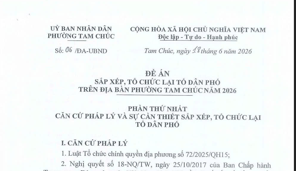 Đề án sắp xếp, tổ chức lại tổ dân phố trên địa bàn phường Tam Chúc năm 2026
