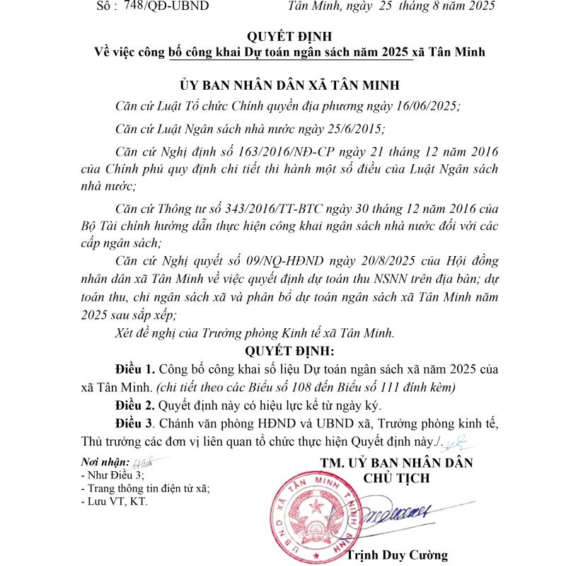 Quyết định về việc công bố công khai Dự toán ngân sách năm 2025 xã Tân Minh