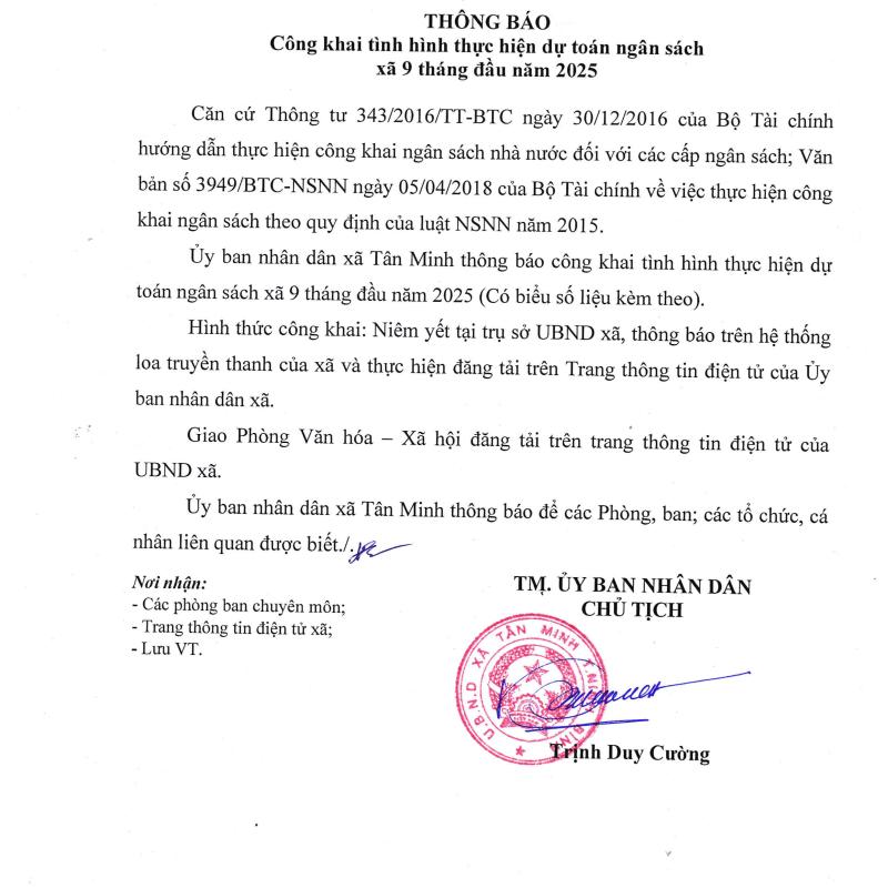 Thông báo công khai tình hình thực hiện dự toán ngân sách xã 9 tháng đầu năm 2025