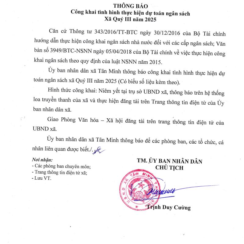 Thông báo công khai tình hình thực hiện dự toán ngân sách xã Quý III năm 2025