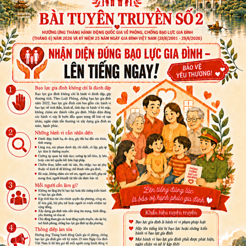 BÀI TUYÊN TRUYỀN SỐ 2: TUYÊN TRUYỀN THÁNG HÀNH ĐỘNG QUỐC GIA VỀ PHÒNG, CHỐNG BẠO LỰC GIA ĐÌNH NĂM 2026 VÀ KỶ NIỆM 25 NĂM NGÀY GIA ĐÌNH VIỆT NAM (28/6/2001 - 28/6/2026)