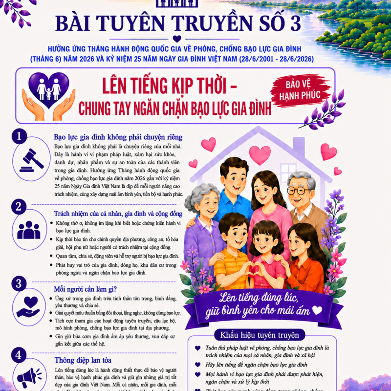 BÀI TUYÊN TRUYỀN SỐ 3: TUYÊN TRUYỀN THÁNG HÀNH ĐỘNG QUỐC GIA VỀ PHÒNG, CHỐNG BẠO LỰC GIA ĐÌNH NĂM 2026 VÀ KỶ NIỆM 25 NĂM NGÀY GIA ĐÌNH VIỆT NAM (28/6/2001 - 28/6/2026)