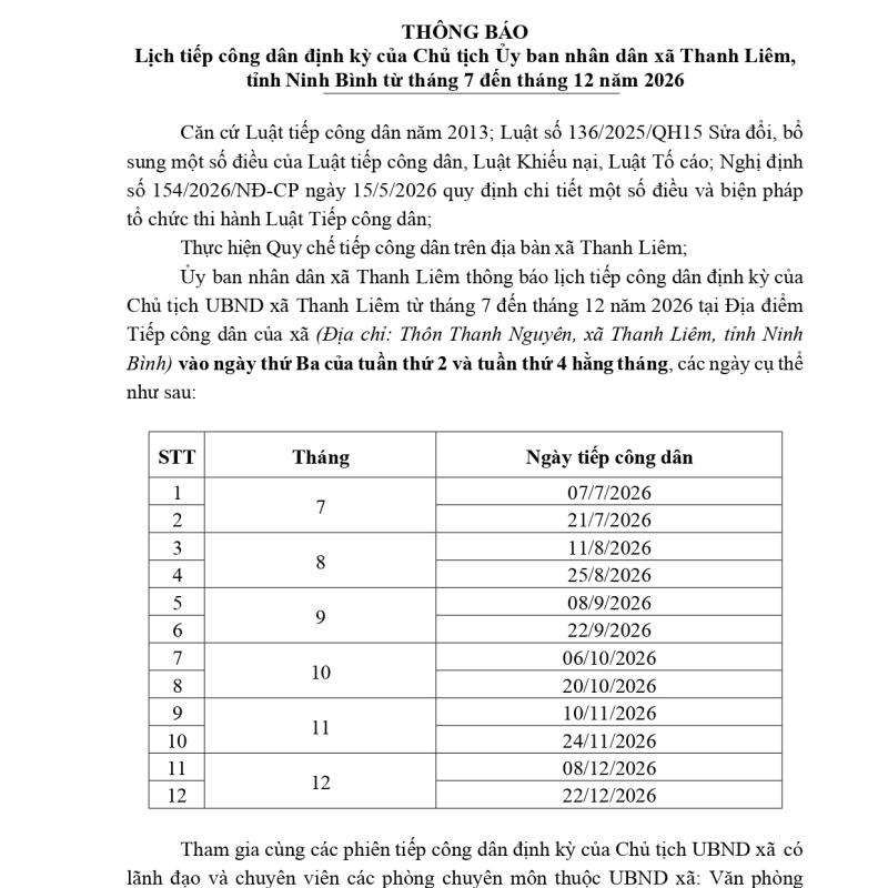 UBND XÃ THANH LIÊM THÔNG BÁO Lịch tiếp công dân định kỳ của Chủ tịch Ủy ban nhân dân xã