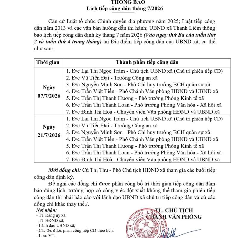 UBND xã THÔNG BÁO: Lịch tiếp công dân tháng 7/2026