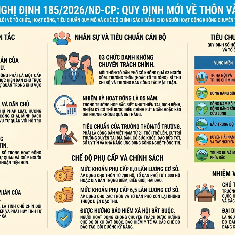 NGHỊ ĐỊNH 185/2026/NĐ-CP quy định về tổ chức, hoạt động của thôn, tổ dân phố và chế độ, chính sách đối với người hoạt động không chuyên trách ở thôn, tổ dân phố