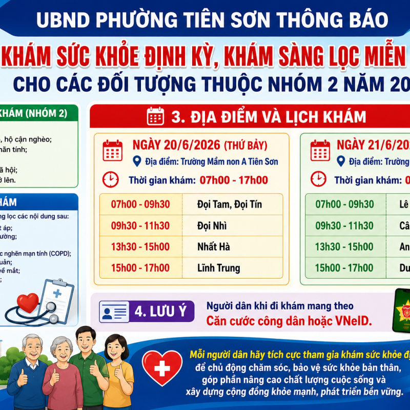 📢 Thông báo tổ chức khám sức khỏe định kỳ, khám sàng lọc miễn phí cho các đối tượng thuộc Nhóm 2 trên địa bàn phường Tiên Sơn năm 2026.