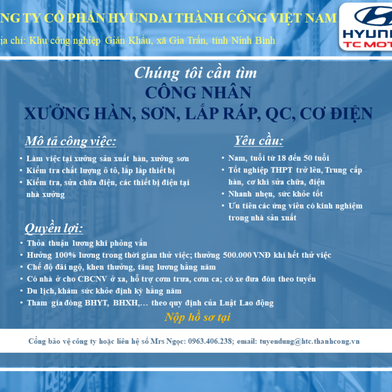 📢 Công ty Cổ phần Hyundai Thành Công Việt Nam thông báo tuyển dụng công nhân sản xuất