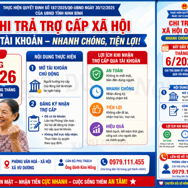 Xã Vũ Dương triển khai chi trả trợ cấp xã hội qua tài khoản  từ tháng 6/2026