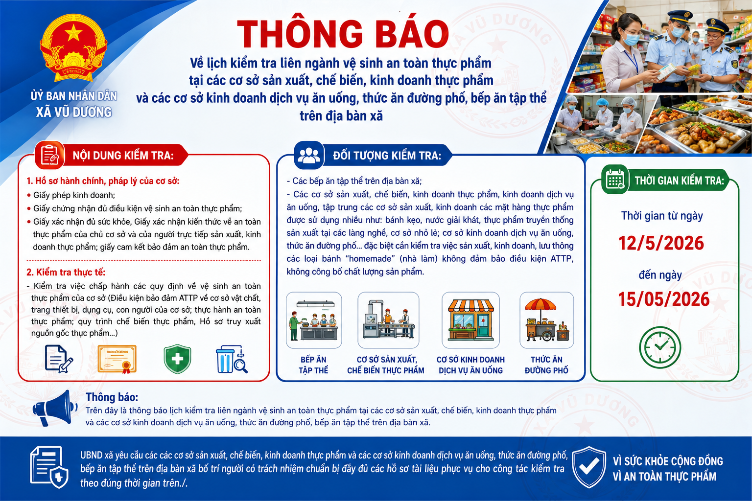 Thông báo lịch kiểm tra liên ngành vệ sinh an toàn thực phẩm tại các cơ sở sản xuất, chế biến, kinh doanh thực phẩm và các cơ sở kinh doanh dịch vụ ăn uống, thức ăn đường phố, bếp ăn tập thể trên địa bàn xã