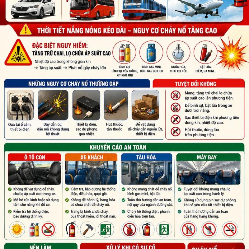 🚨🔥 PHÒNG, CHỐNG CHÁY NỔ PHƯƠNG TIỆN GIAO THÔNG TRONG MÙA NẮNG NÓNG 🔥🚨  🌞 Thời tiết nắng nóng kéo dài làm gia tăng nguy cơ cháy, nổ đối với ô tô, xe máy, xe điện và các phương tiện vận tải. Chỉ một sơ suất nhỏ cũng có thể dẫn đến hậu quả nghiêm t