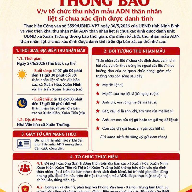 UBND xã Xuân Trường thông báo thời gian, địa điểm tổ chức thu nhận mẫu ADN thân nhân liệt sĩ chưa xác định được danh tính trên địa bàn xã